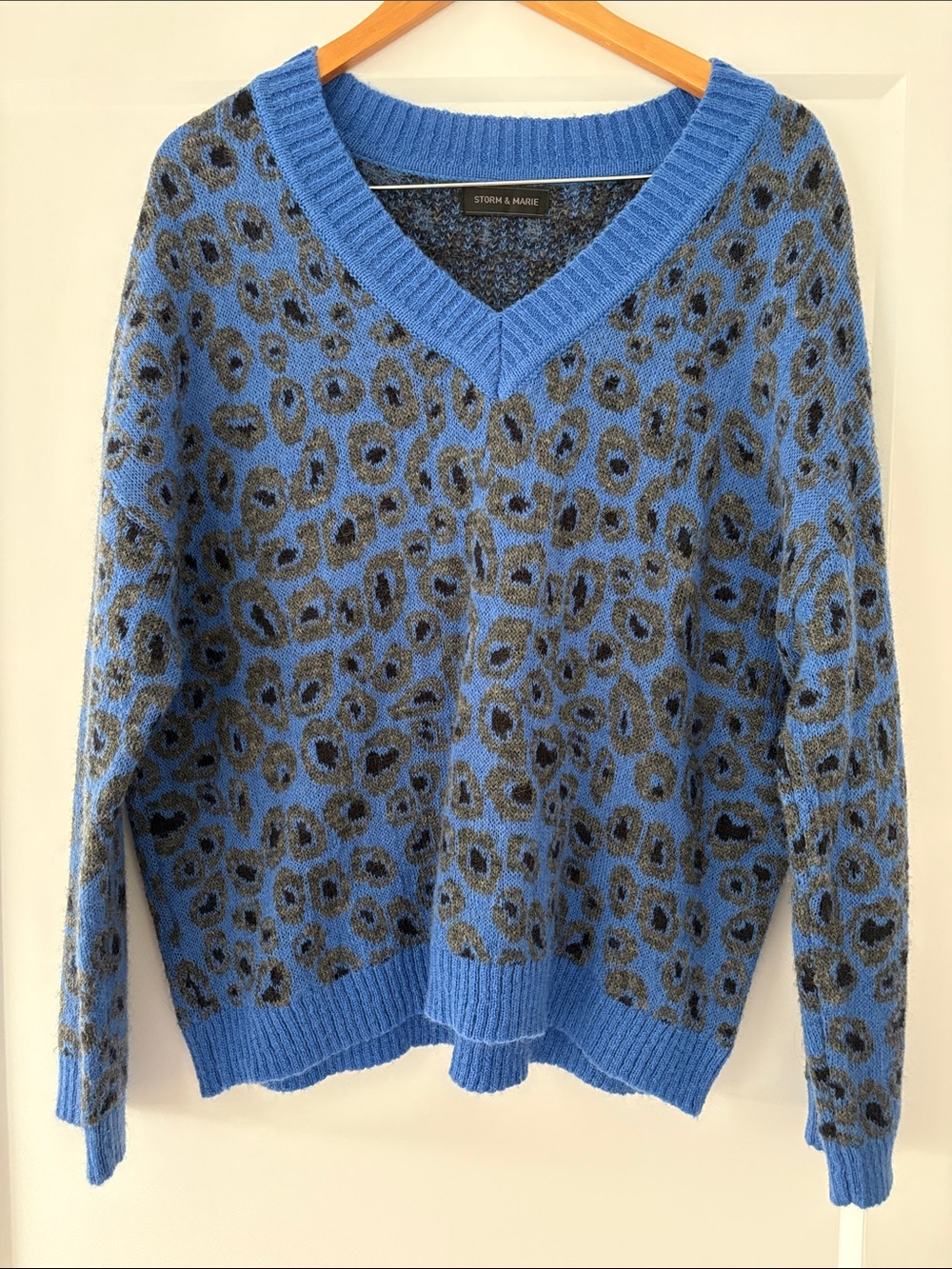 Storm & Marie Blue Leopard-Print V-Neck Sweater